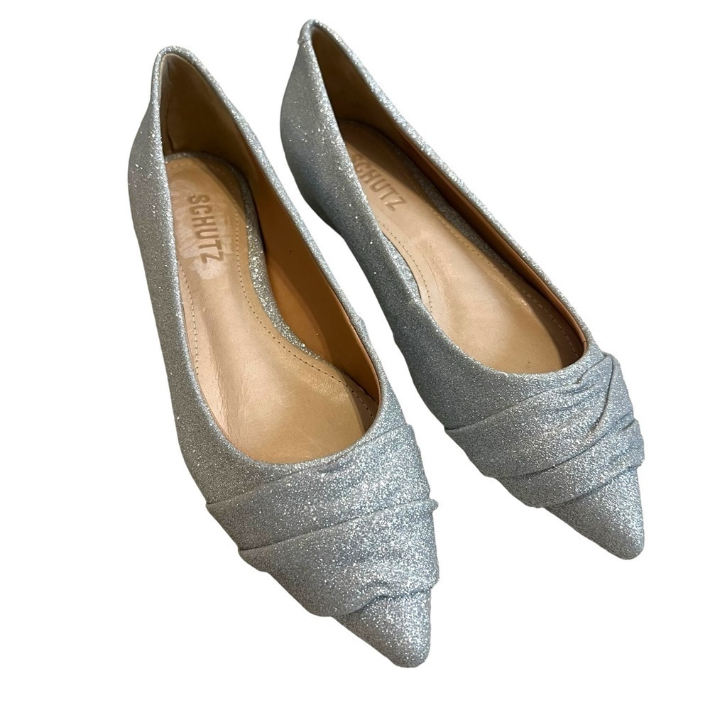 Schutz Flats Pointed Toe Sparkle Metallic Silver Shoes‎ Size 5.5 New without Box